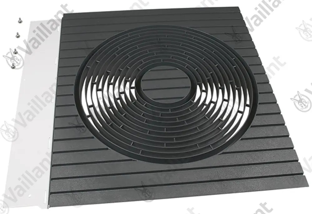 Vaillant Gitter aus schwarzem Material mit spiralförmigem Design, montierbar, geeignet für Heiz- oder Lüftungsanlagen, neben Schrauben zur Befestigung auf hellem Hintergrund.